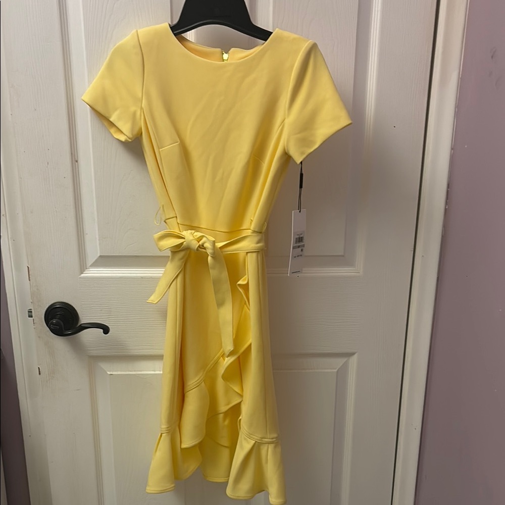 Calvin Klein Yellow Ruffle Belted Women's Dress
